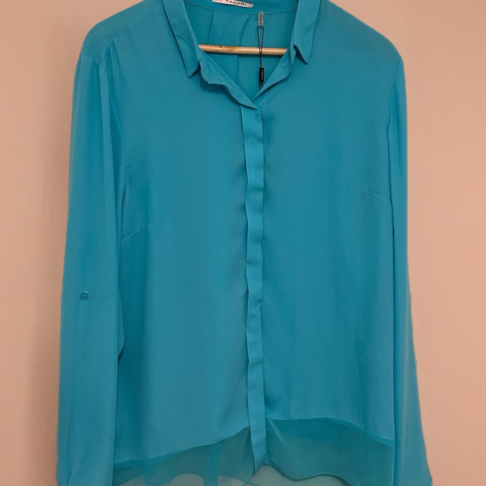 NWT T Tahari Andi Blouse - Bright Blue "Splash" - Opaque and Sheer - Size XL